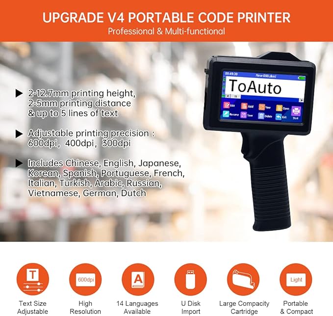 TOAUTO Portable Intelligent Upgraded Handheld Inkjet Printer Gun with 5.6 Inch LED Touch Screen Quick-Drying Inkjet Coding Machine for Code Date Label Industry Design House Usage