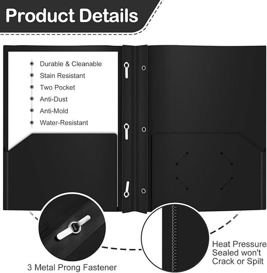 Heavy Duty Plastic Folder, 60 Pack, Pocket Folder with brads, Letter Size Poly File, Plastic Folders with 3 Prongs Fasteners - Black