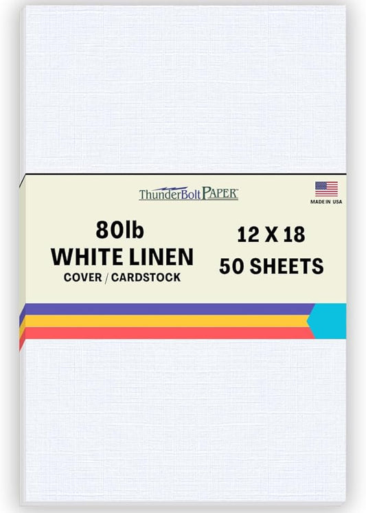 50 Bright White Linen 80# Cover Paper Sheets - 12" X 18" (12X18 Inches) Large|Poster Size - 80 lb/pound Card Weight - Fine Linen Textured Finish - Quality Cardstock