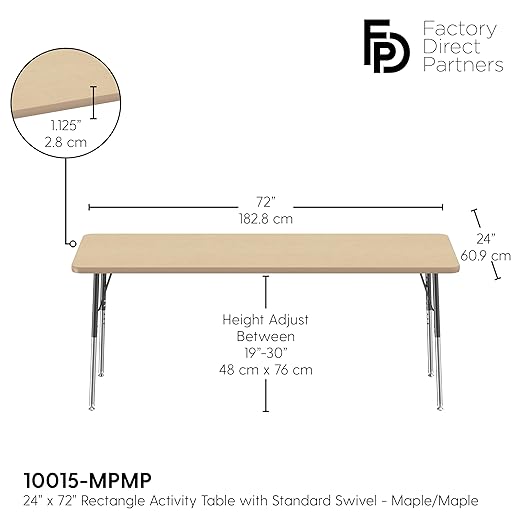 FDP Rectangle Activity School and Office Table (24 x 72 inch), Standard Legs with Swivel Glides, Adjustable Height 19-30 inches - Maple Top and Maple Edge