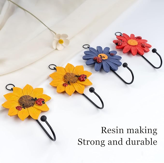 Notakia 8pcs Resin Daisy Flower Wall Hooks Decoration Hanging Coat Hooks Vintage Art Printing Iron Hook Key Hat Towel Wall Mounts Hooks Home Decor