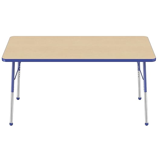 Factory Direct Partners FDP Rectangle Activity School and Office Table (36 x 60 inch), Standard Legs with Ball Glides, Adjustable Height 19-30 inches - Maple Top and Blue Edge