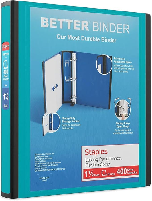 Staples 651742 1.5-Inch 3-Ring Better Binder Teal (13468-Cc)
