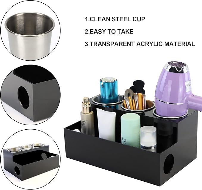 Hair Tool Organizer, Black Acrylic Hair Dryer Holder with 3 Cups, Bathroom Supplies Countertop Blow Dryer Holder, Vanity Caddy Storage Stand for Accessories, Makeup, Toiletries