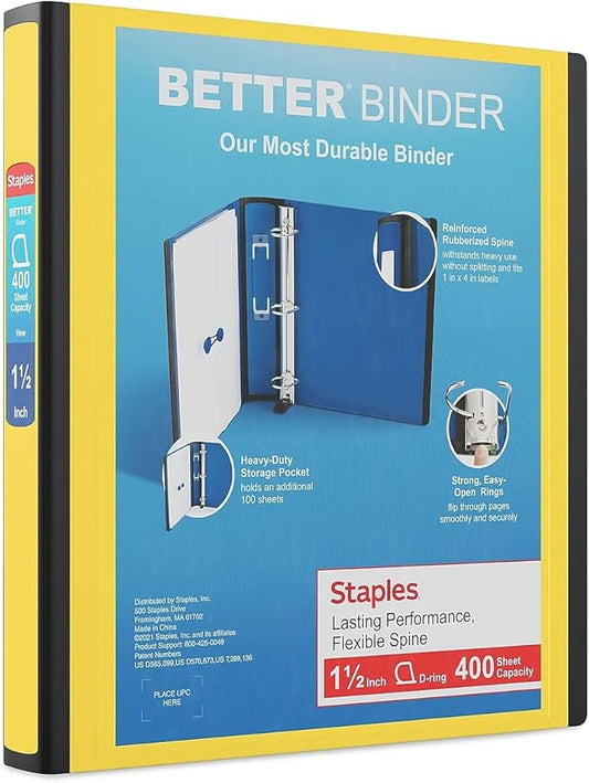 Staples 827605 1.5-Inch D-Ring Better Binder Yellow (19060)