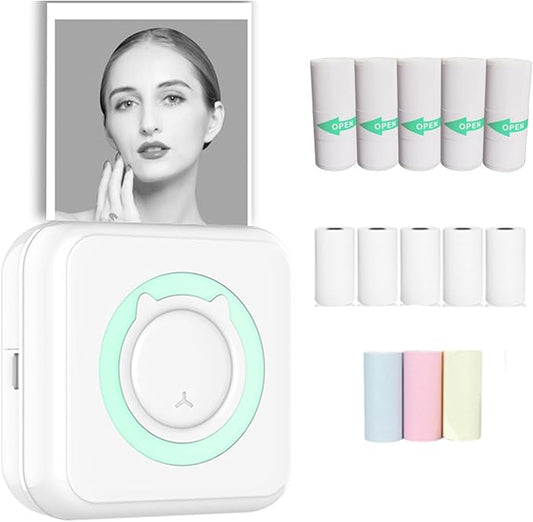 Mini Sticker Printer - Wireless, Portable with 10 Rolls Thermal Paper, Bluetooth Inkless Sticker Printer for Journal, Memo, Photo, DIY, Work, Gifts (Blue)