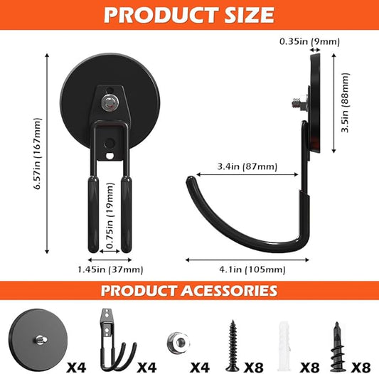 Extra Large Heavy Duty Magnetic Hooks for Hanging Garage Tools, 3.5in Ndfeb Strong Magnet Hook Heavy Duty, Super Big Magnetic Storage Utility Hook, Magnetic Hanger Holder Wall Mounted, 4 Pack Black
