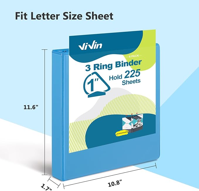 ViVin Sturdy 1 Inch D Ring Binders, 3 Ring Binders with 2 Pockets, Hold 225 Sheets of US Letter Size Paper for Office,Home,School, 6 Pack (Light Blue)
