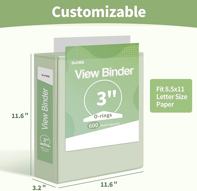 SUNEE 3 Ring Binder 3 Inch 1 Pack, Clear View Binder Three Ring PVC-Free (Fit 8.5x11 Inches) for School or Office Supplies, Green