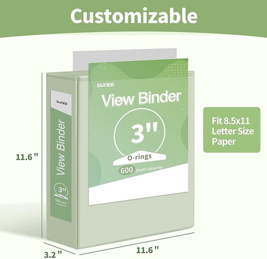 SUNEE 3 Ring Binder 3 Inch 1 Pack, Clear View Binder Three Ring PVC-Free (Fit 8.5x11 Inches) for School or Office Supplies, Green