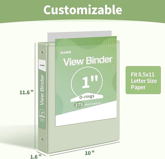 SUNEE 3 Ring Binder 1 Inch 1 Pack, Clear View Binder Three Ring PVC-Free (Fit 8.5x11 Inches) for School or Office Supplies, Green
