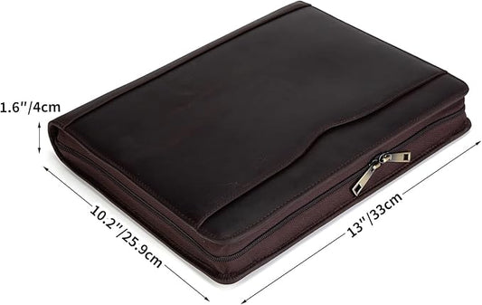 Professional Leather Business Padfolio Portfolio Case, 3 Ring Binder,Zippered Business Document Organizer Tablet Holder Folder Case,with Letter Size Notepad (Dark Brown)
