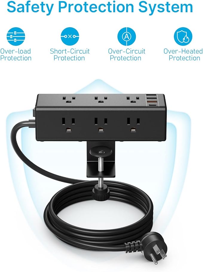 CCCEI Desk Clamp Power Strip with 9 Outlets, Desktop Edge Mount Surge Protector with USB-A and 45W USB-C Ports, Widely Spaced Desk Outlet Fast Charging Station, 10 FT Flat Plug, Fit 1.6 inch Table.
