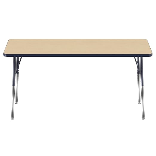 Factory Direct Partners FDP Rectangle Activity School and Office Table (24 x 60 inch), Standard Legs with Swivel Glides, Adjustable Height 19-30 inches - Maple Top and Navy Edge