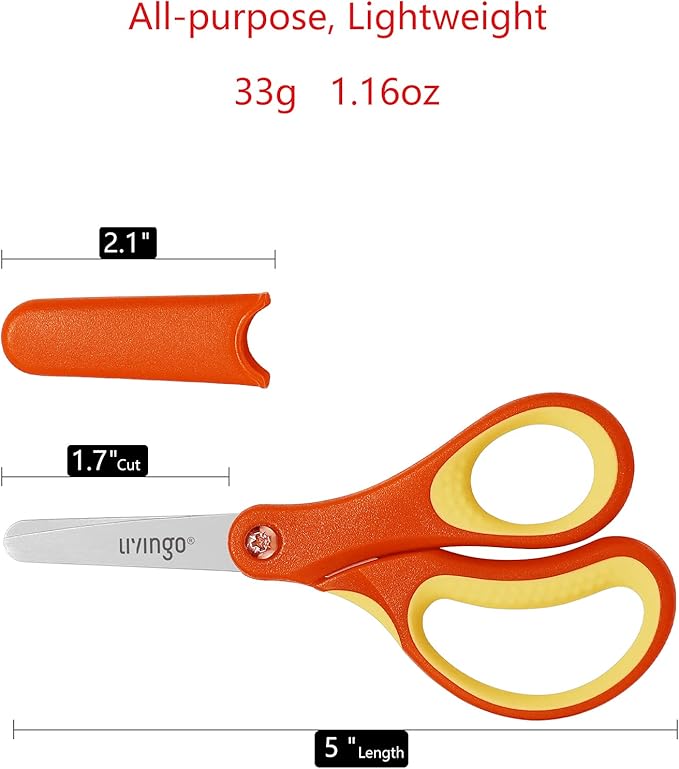 LIVINGO 3 Pack 5” Kids Scissors, Left/Right Handed Blunt Stainless Safety Toddler Preschool Child Scissors with Cover, School Classroom Craft Supplies for Teachers, Yellow/Blue/Gray