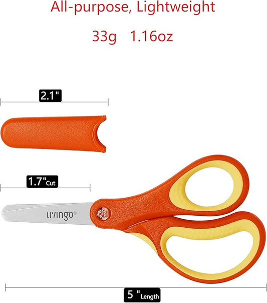LIVINGO 3 Pack 5” Kids Scissors, Left/Right Handed Blunt Stainless Safety Toddler Preschool Child Scissors with Cover, School Classroom Craft Supplies for Teachers, Yellow/Blue/Gray