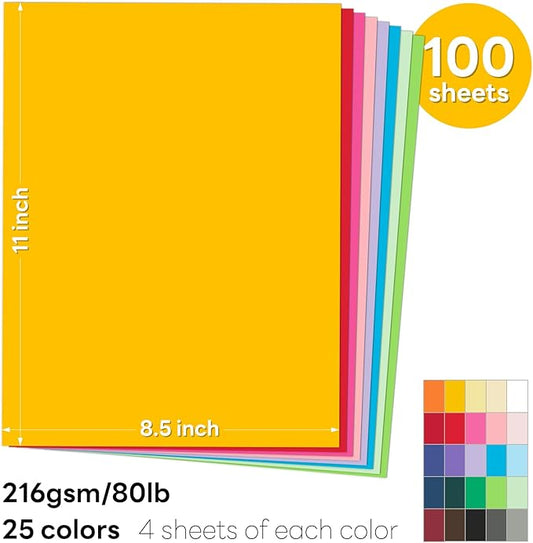 Colored Cardstock 8.5 x 11 Assorted, 100 Sheets Goefun 25 Colors Colored Copy card stock, 80lb Construction Paper Color Paper for Crafts & Scrapbooking