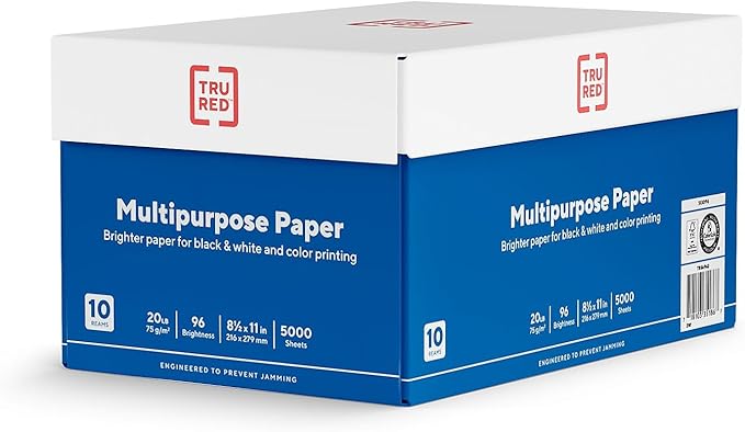 Staples TRU RED Printer Paper, 8.5" x 11" -inch, 20 lbs., 96 Brightness Rating. Matte White Paper Finish (500 Sheets/Ream, 10 Reams/Carton)