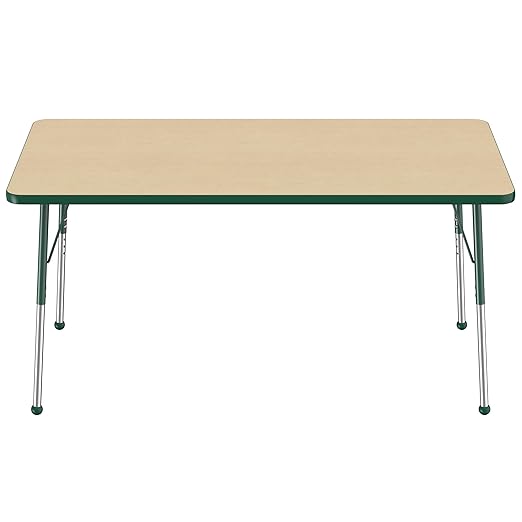 Factory Direct Partners FDP Rectangle Activity School and Office Table (36 x 60 inch), Standard Legs with Ball Glides, Adjustable Height 19-30 inches - Maple Top and Green Edge