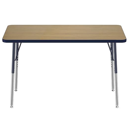FDP Rectangle (24 x 48 inch) Classroom Table with Adjustable Standard Swivel Glide Legs (19-30 in); School and Office Furniture - Pasadena Oak Top/Navy Edge and Legs