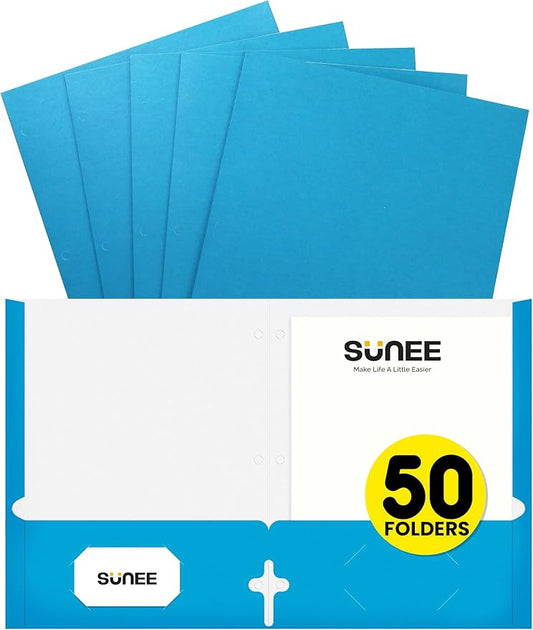SUNEE Folders with Pockets 3 Hole Punched(50 Pack, Blue), 2 Pocket Folders Fit Letter Size Paper, Paper File Folder for School Office Home Bussiness