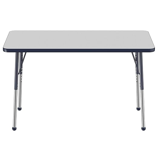 FDP Rectangle Activity School and Office Table (24 x 48 inch), Standard Legs with Ball Glides, Adjustable Height 19-30 inches - Gray Top and Navy Edge