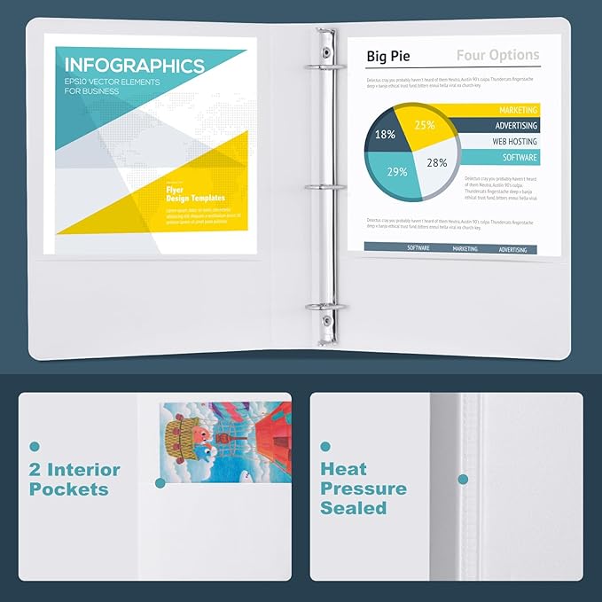 3 Ring Binder 1-1/2 Inch, ViVin Sturdy 1.5"-Slant D Ring Binder with 2 Interior Pockets, Clear View Cover, PVC-Free, Fits 350 Sheets of US Letter Size Paper (6 Pack, White)