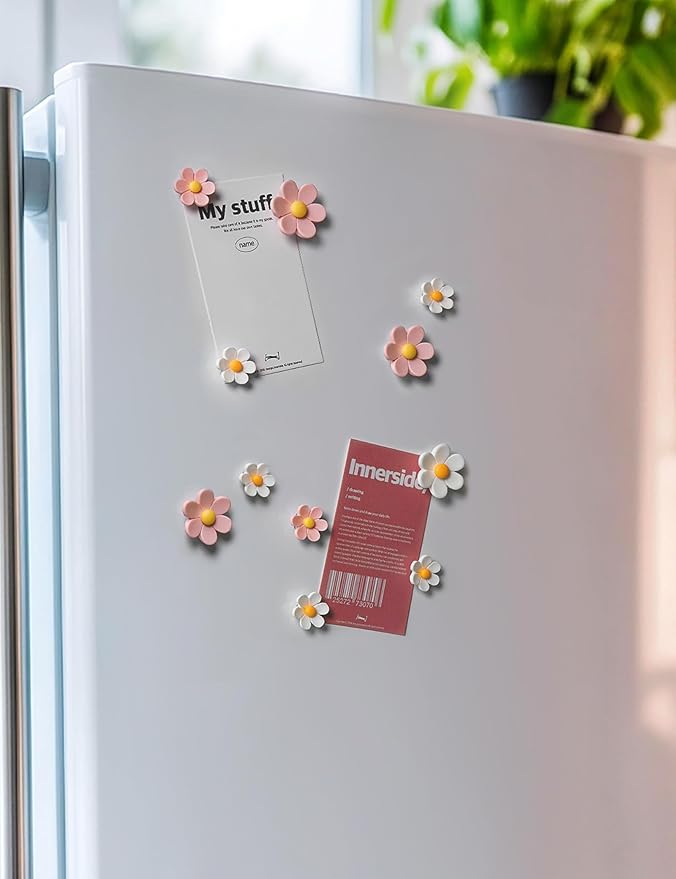 Mymazn Fridge Magnets Cute Refrigerator Magnets Colorful Decorative Magnets 3D Flower Magnets for Office Kitchen Locker 16PCS Pink White (8 Small+8 Large)