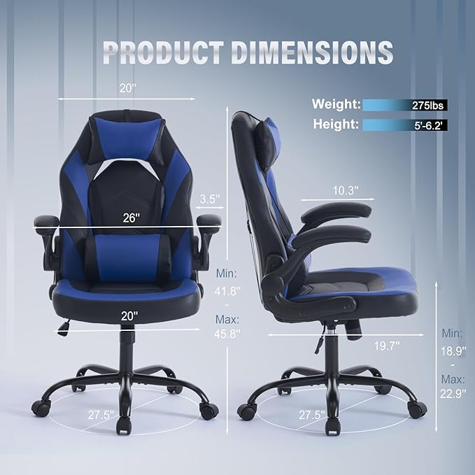 DUMOS Ergonomic Gaming Office Desk Chair with Flip-up Armrests for Adults, Height Adjustable PU Leather Video Game Computer Chair with 360° Rolling Wheels for Home and Office, Royal Blue