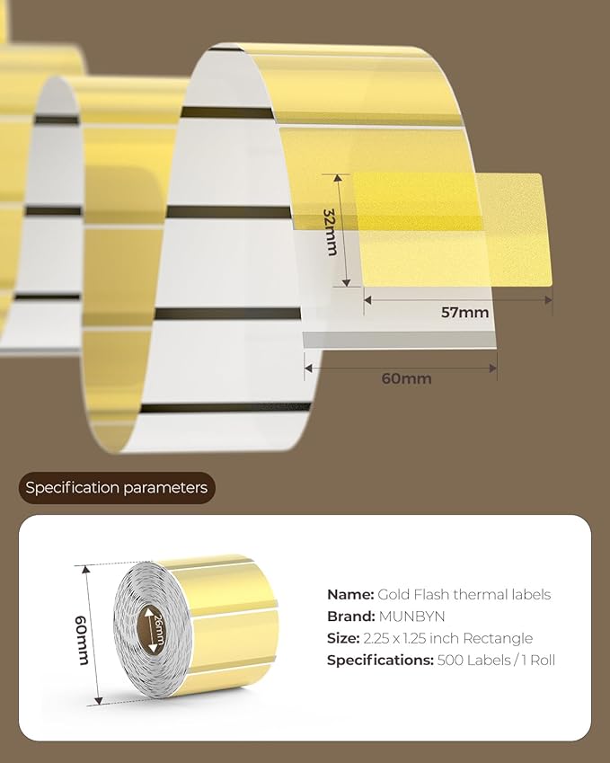MUNBYN 2.25x1.25 Inch Gold Transparent Thermal Labels, Rectangle Fine Glitter Printable Thermal Stickers for Small Businesses, 500 Labels/1 Roll