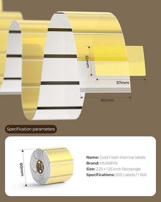 MUNBYN 2.25x1.25 Inch Gold Transparent Thermal Labels, Rectangle Fine Glitter Printable Thermal Stickers for Small Businesses, 500 Labels/1 Roll