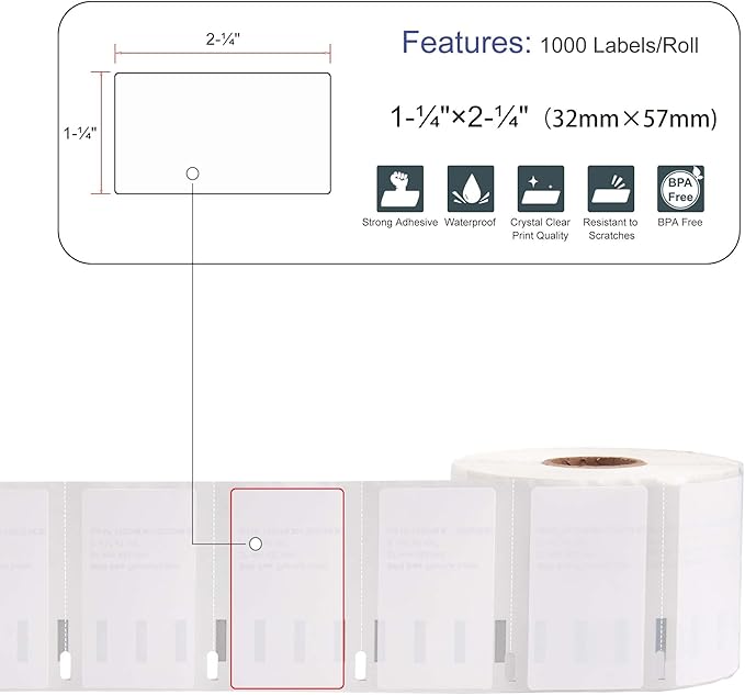 L LIKED 10 Rolls 2.25" x 1.25" Direct Thermal Barcode Labels, Perforated Line, Compatible with Rollo, Zebra, Jadens, Nelko, Munbyn, Phomemo Desktop Printers and Dymo 30334 Replacement (10000 Labels)