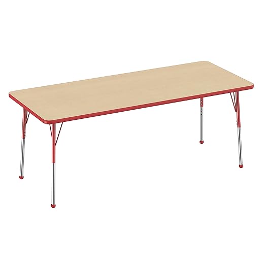 FDP Rectangle Activity School and Office Table (30 x 72 inch), Standard Legs with Ball Glides, Adjustable Height 19-30 inches - Maple Top and Red Edge