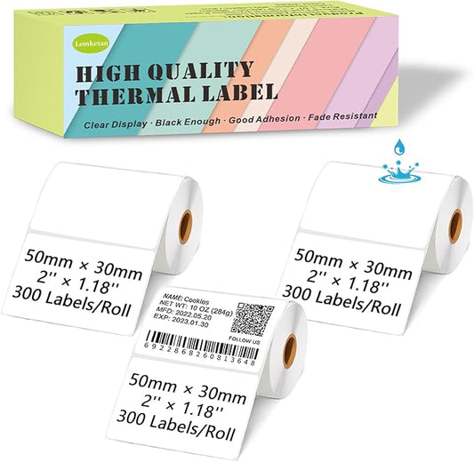 [300 Labels/Roll x 3] 50mm x 30mm Thermal Labels, 1.97''x1.18'' Label Maker Tape Refill, Weatherproof & Tear-Resistant Thermal Stickers Compatible for Phomemo M110, Supvan T50M Pro (White)