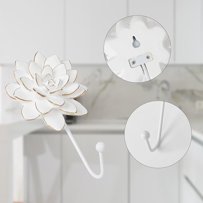 Guichifun Flower Shaped Decorative Wall Hooks - 2pcs Resin White Vintage Decor Hanger for Keys, Bags, Towels Bathroom Living Room Kitchen Home Decoration Gift 4 x 1.5 x 7 Inch