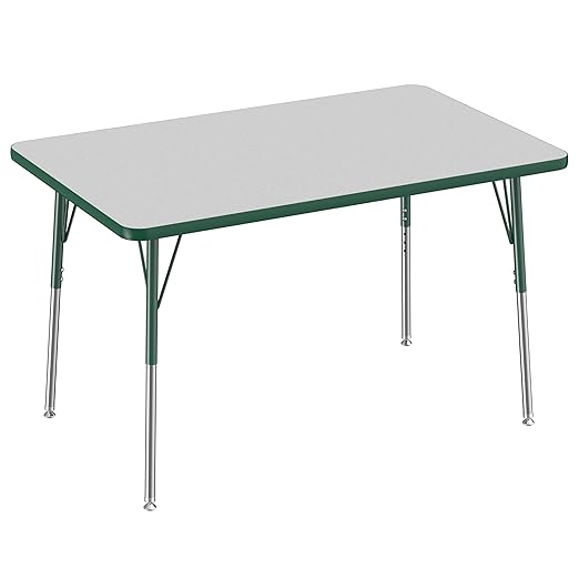 FDP Rectangle Activity School and Office Table (30 x 48 inch), Standard Legs with Swivel Glides, Adjustable Height 19-30 inches - Gray Top and Green Edge