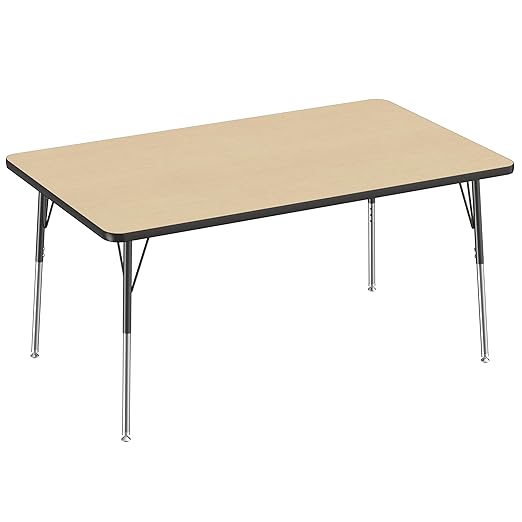 FDP Rectangle Activity School and Office Table (36 x 60 inch), Standard Legs with Swivel Glides, Adjustable Height 19-30 inches - Maple Top and Black Edge