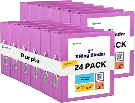 3 Slant D-Ring Binder 2 Inch Binder Purple, 2 in Clear View Cover w/ 2 Inside Pockets, Heavy Duty Colored School Supplies Binders Also Available in Blue, Pink, Red, Green, Grey (24 PC)–by Enday