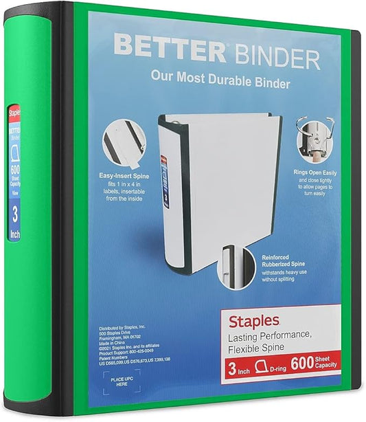 Staples 892167 Better 3-Inch D 3-Ring View Binder Green (19936)