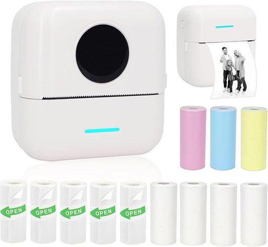 Mini Portable Printer, Inkless Sticker Printer with 12 Rolls Paper, Thermal for Notes/Photos/Stickers/Labels/Receipts, Compatible with iPhone, Android Phone & Tablet, White