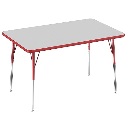 FDP Rectangle Activity School and Office Table (30 x 48 inch), Standard Legs with Swivel Glides, Adjustable Height 19-30 inches - Gray Top and Red Edge