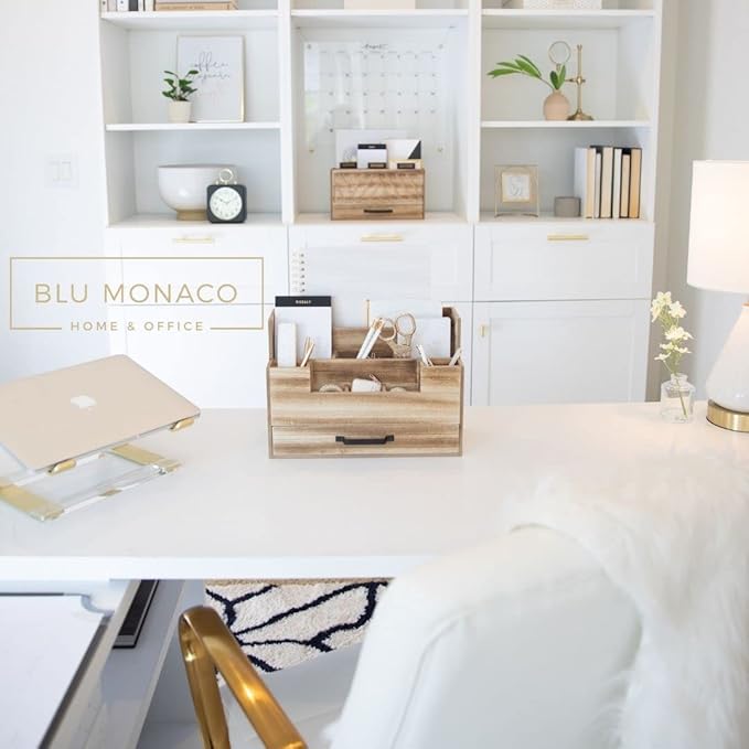 BLU MONACO Natural Wood Mail Organizer with Drawer, 5 Compartments, Desk Organizer for Women Office Desk Organization, 12.9x5.7x9 inches, 4.1 pounds