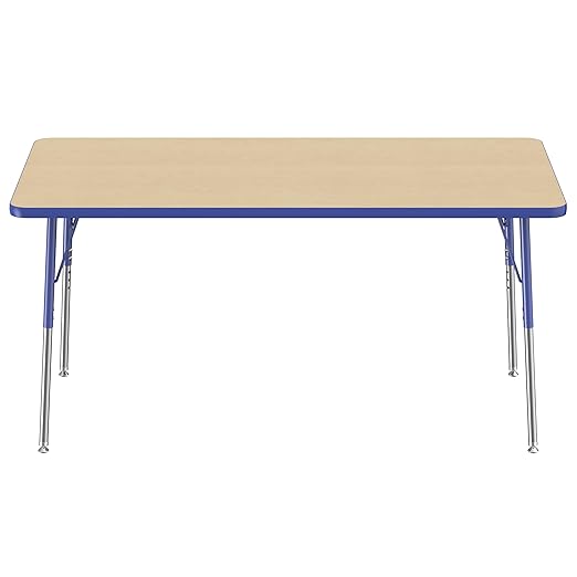 FDP Rectangle Activity School and Office Table (30 x 60 inch), Standard Legs with Swivel Glides, Adjustable Height 19-30 inches - Maple Top and Blue Edge