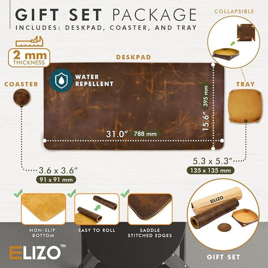 Elizo Real Leather Desk Mat Set (32x16) Large Desk Cover Desk Blotter Protector Computer Gaming Mouse Pad Table Laptop Office Desktop Accessories