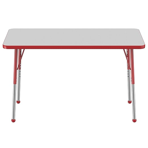Factory Direct Partners FDP Rectangle Activity School and Office Table (24 x 48 inch), Standard Legs with Ball Glides, Adjustable Height 19-30 inches - Gray Top and Red Edge