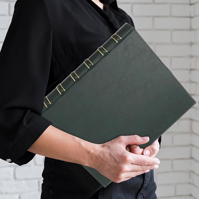 Vintage Hardback 3 Ring Binder 1 Inch, Professional Leather Binder 3 Ring, Three Ring Binders Fits 8.5" x 11", D Ring Binders for Photo Album, Home, School and Office Supplies- Dark Green