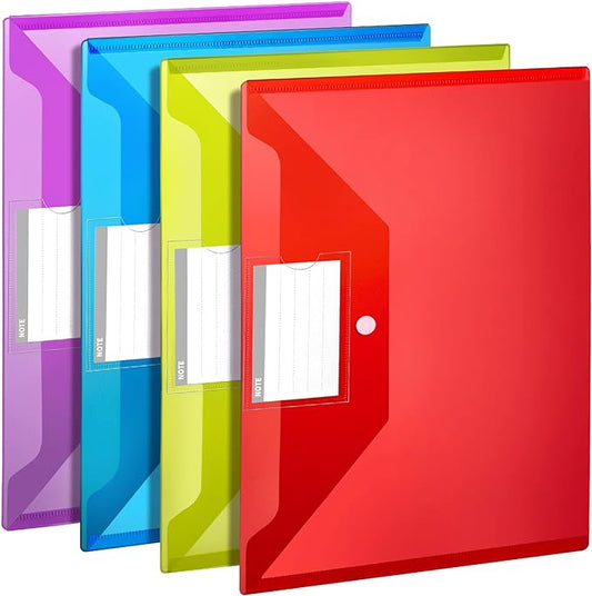 LEOBRO File Folders for Documents, 4 Pcs Plastic Folders with Pocket, Plastic Envelopes with Snap Closure, Reusable File Bags, for School & Office, A4 Size