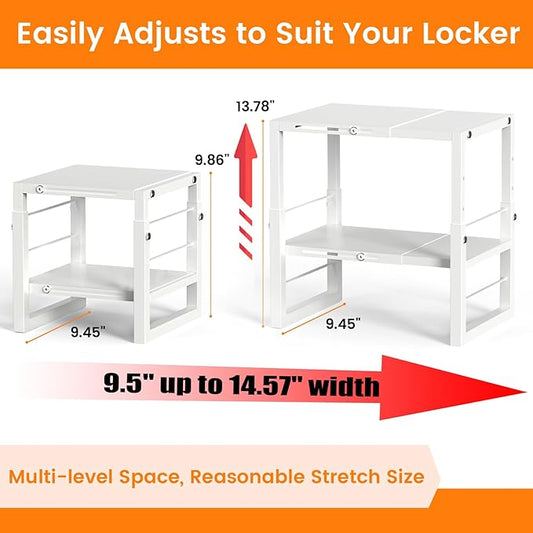 Locker Organizer Shelf White, Metal Adjustable Width and Height, Ideal Locker for School, Office, and Gym Lockers, Extends Locker Storage Organization