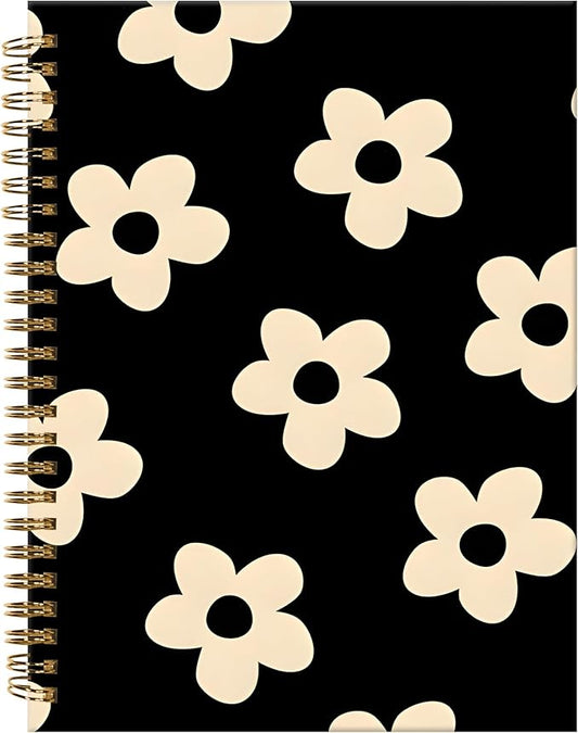 Spiral Journal Notebook,A5 Hardcover Lined Journals for Women Girl 6 x 8.3 in,120 Pages Thick Paper,Cute College Ruled Writing Notebook for Gifts Office Work School(Cute Black Flower)