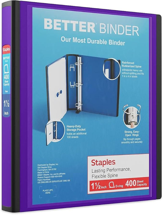 Staples 827604 1.5-Inch 3-Ring Better Binder Purple (19061)